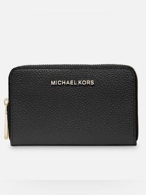 Michael Kors Black Pebbled Leather Zip Cardholder with Gold Logo